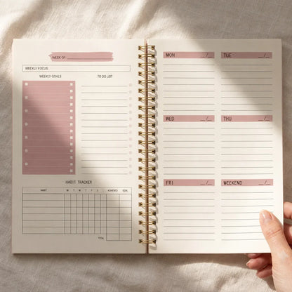 Weekly planner with habit tracker, to-do list, and daily sections for goal setting and productivity