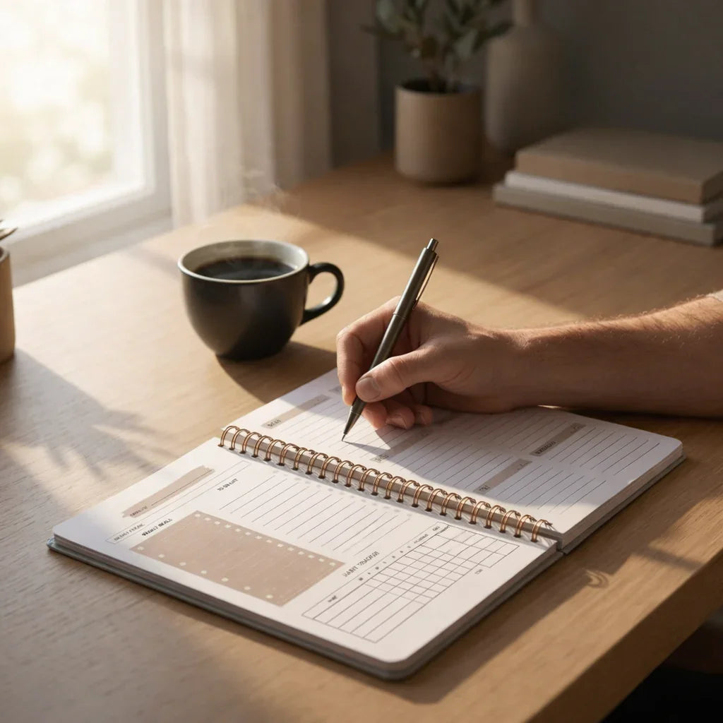 Hand writing in spiral planner with coffee on wooden desk, morning productivity setup