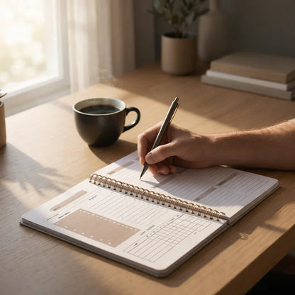 Hand writing in spiral planner with coffee on wooden desk, morning productivity setup