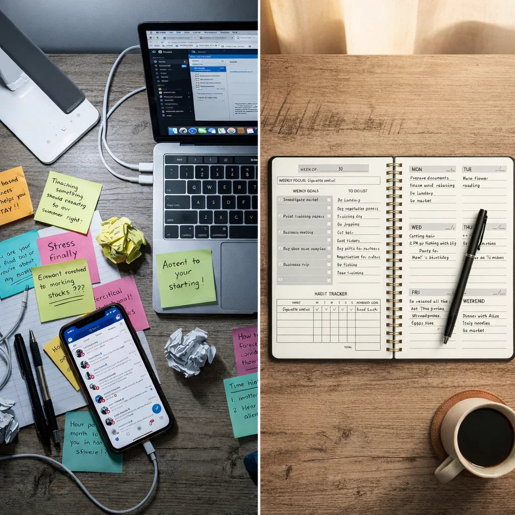 Productivity setup with laptop, sticky notes, planner, and coffee for focus and consistency