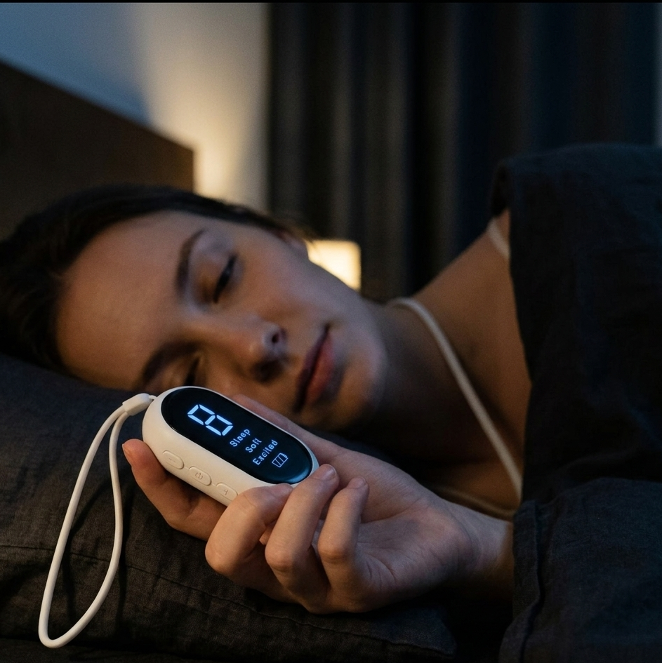 Person lying down holding a digital device with a screen in a dimly lit room.