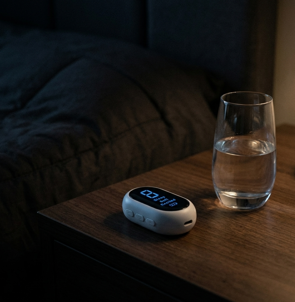 Digital clock and glass of water on a bedside table in a dimly lit room.