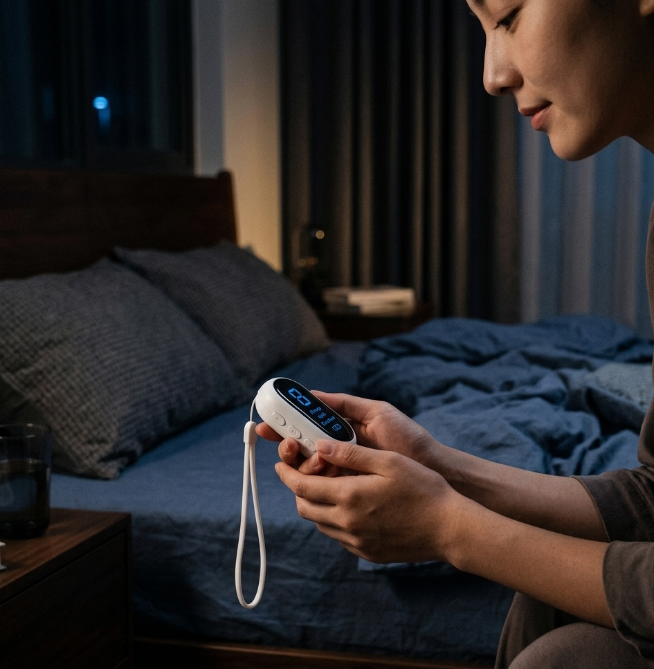 Person holding a digital thermometer in a bedroom setting