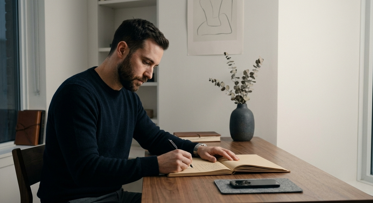 Man writing in a notebook at a wooden desk with a vase and phone on it.