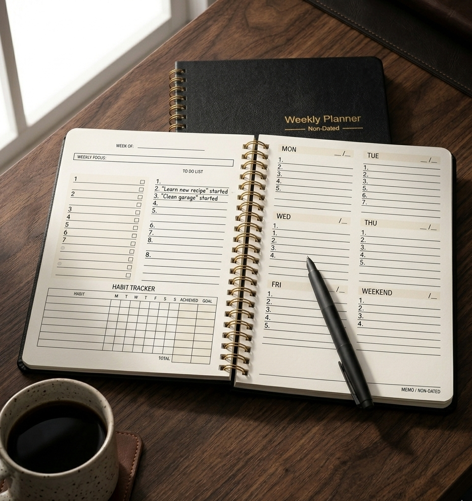 Weekly planner on a wooden table with a pen and coffee cup.