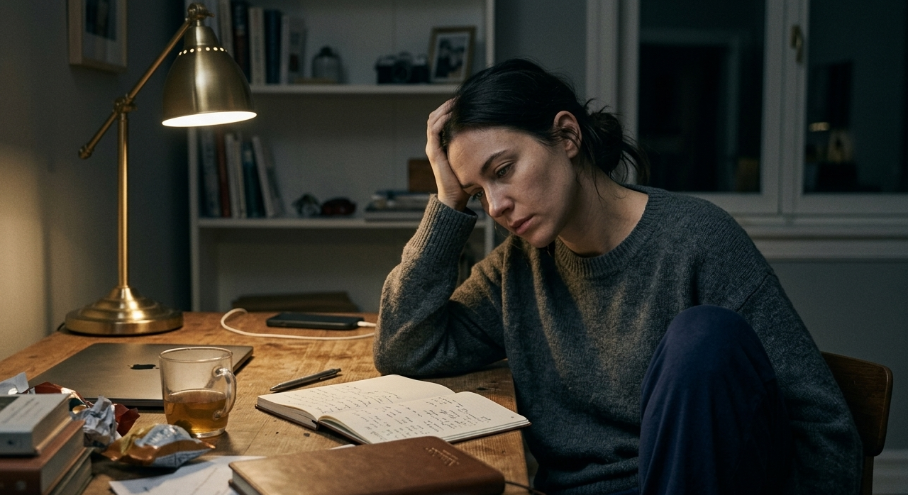 Person sitting at a desk with books and a lamp, appearing tired or stressed.
