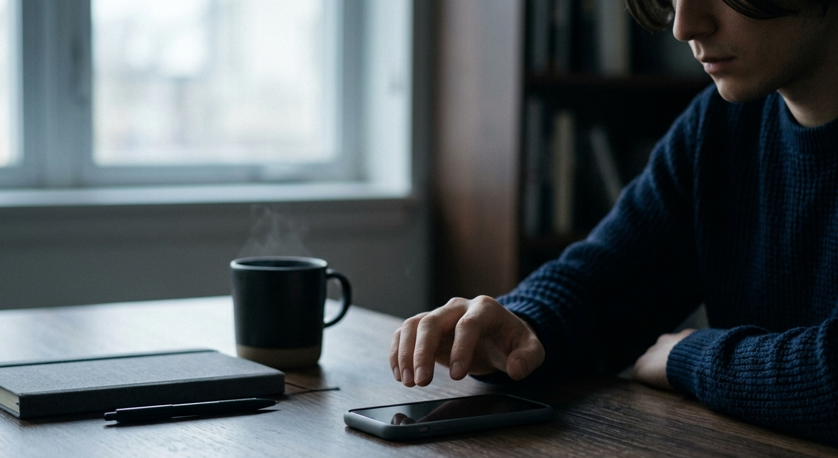 Person using a smartphone at a table with a notebook and mug in a room with a window and bookshelf.