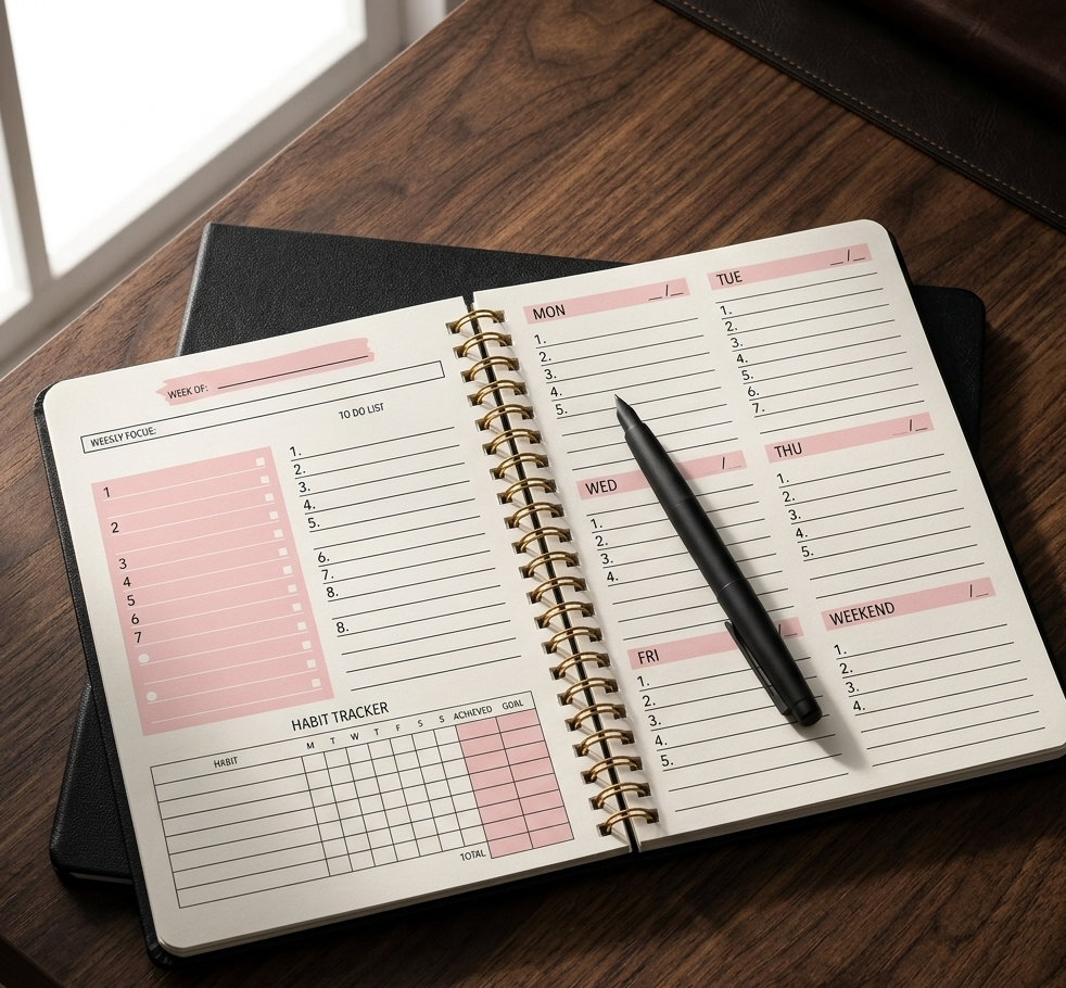Open planner with habit tracker on a wooden surface