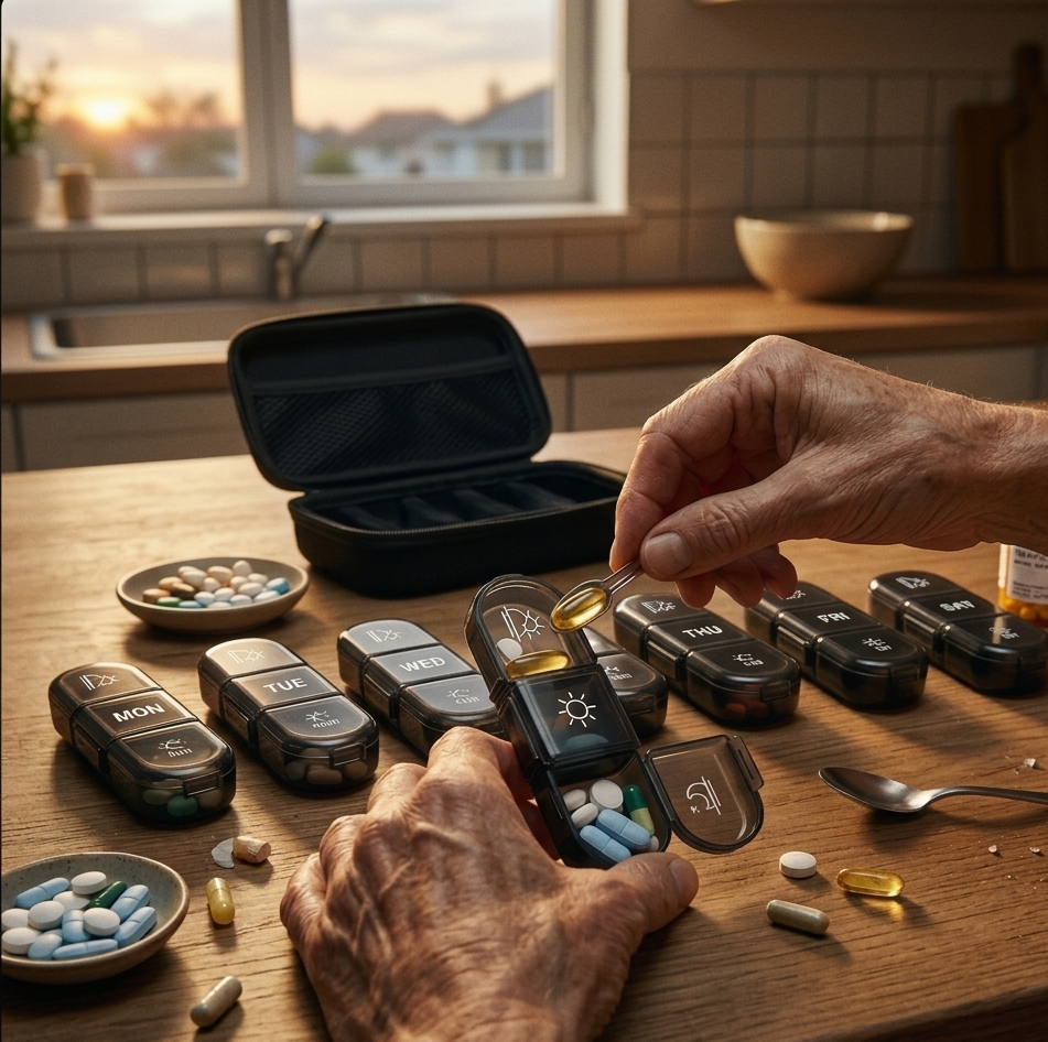 Person organizing pills into a black pill organizer on a wooden table.