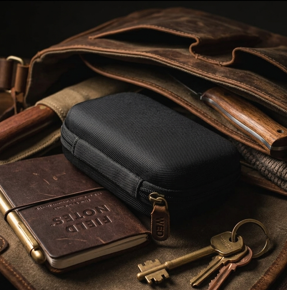Black travel case on a brown leather bag with keys and a notebook.
