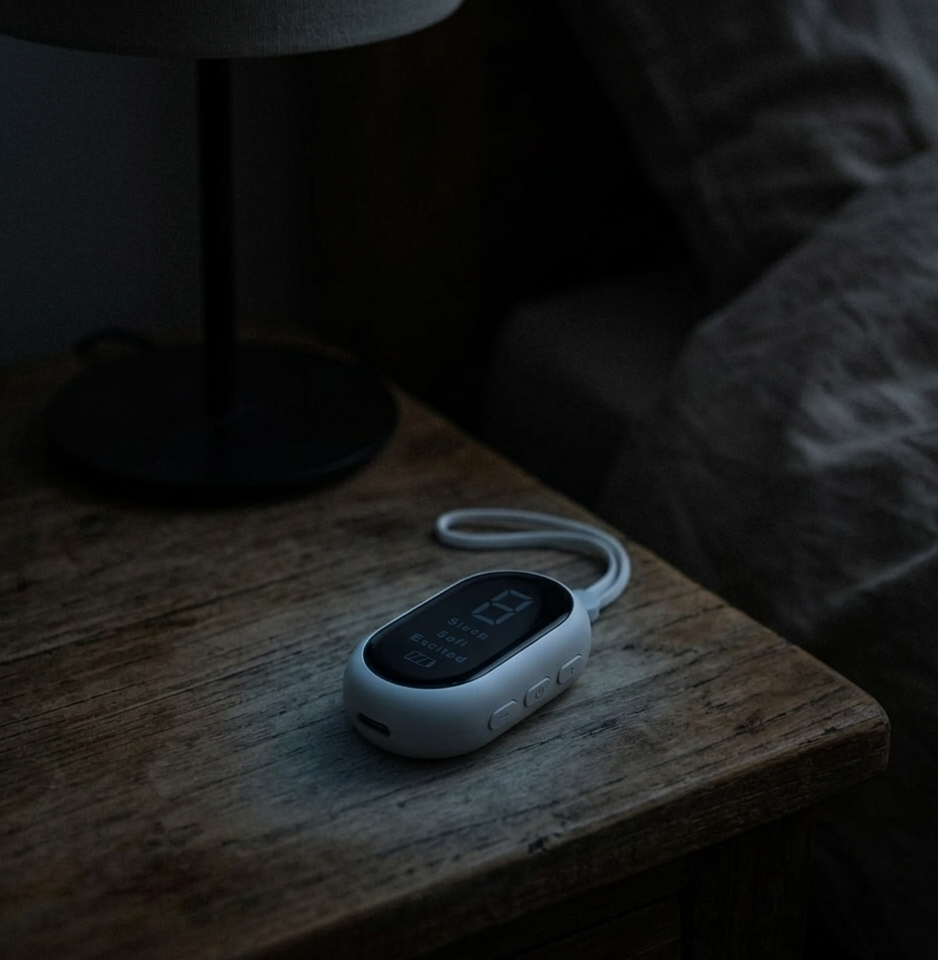 Digital thermometer on a wooden nightstand with a dark background