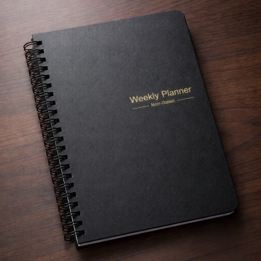 Black spiral-bound weekly planner with non-dated design on wooden surface