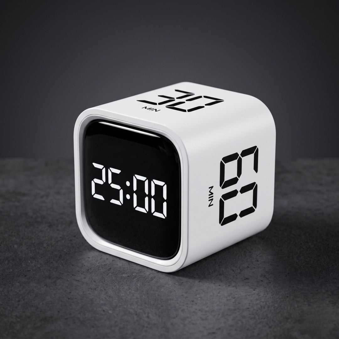 The Discipline Clock in white on a desk, 25:00 countdown on the LED display