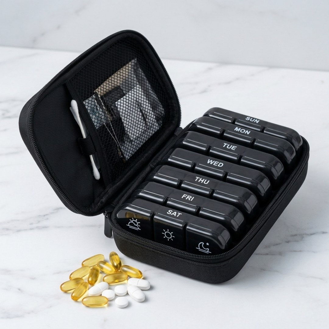 The Habit Vault zip case open with seven labeled daily pill pods and supplements