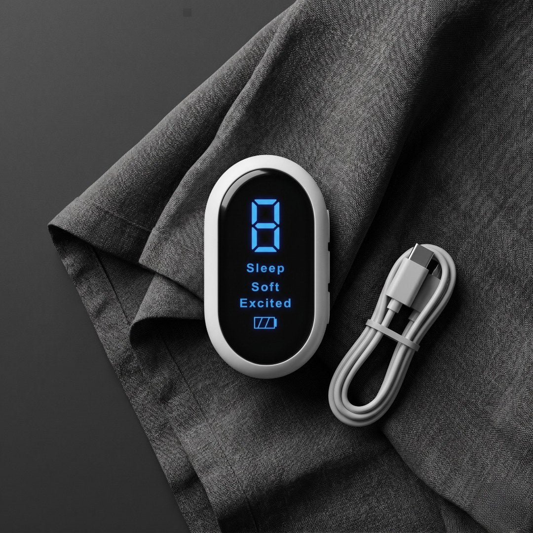 The Sleep Signal device in white with USB-C cable, display showing Sleep, Soft, and Excited modes