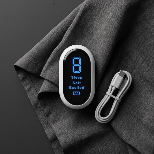 The Sleep Signal device in white with USB-C cable, display showing Sleep, Soft, and Excited modes
