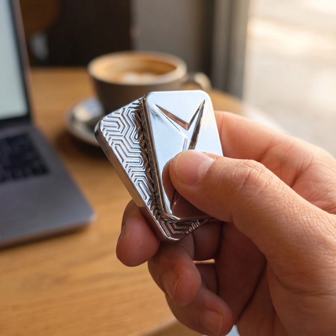 Hand holding the silver Stillness Slider at a desk with coffee and laptop